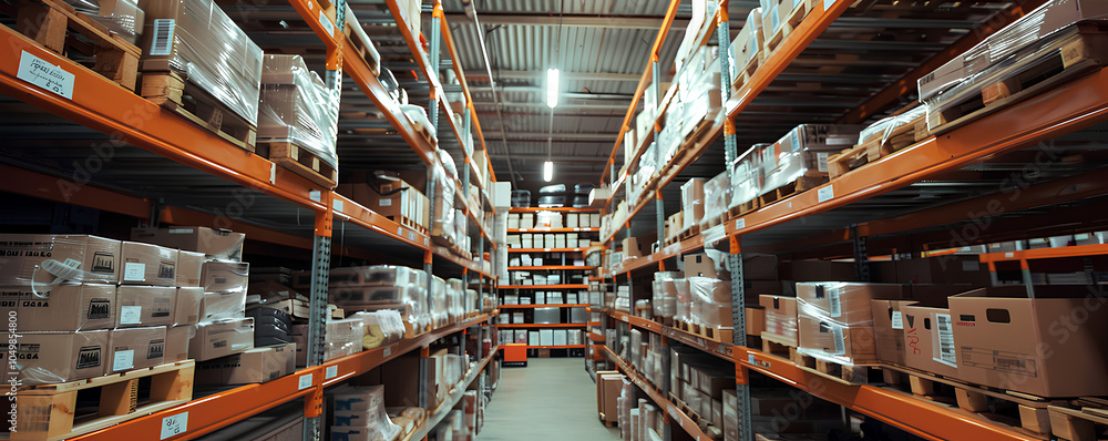 Obraz premium Robot arm picking items from shelf, advanced warehouse automation, clean setup