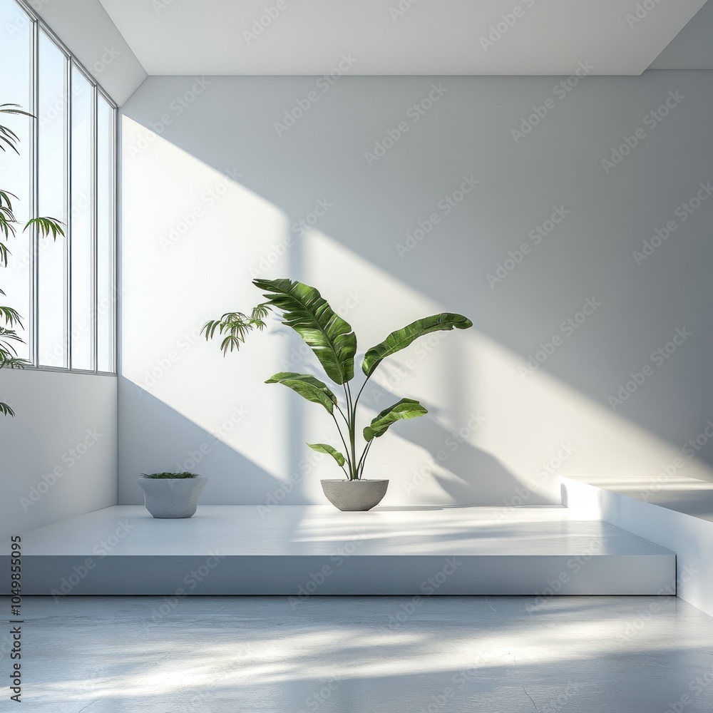 Minimalist Room with a Potted Plant and White Platform Minimalist Room with a Potted Plant and White Platform