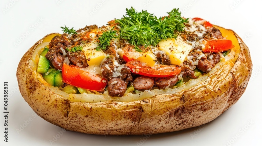 Kumpir is a Turkish baked potato seasoned with cheese, butter, beef sausage, and vegetables. This classic Turkish dish, kumpir, is displayed on a white background. Kumpir is a Turkish baked potato seasoned with cheese, butter, beef sausage, and vegetables. This classic Turkish dish, kumpir, is displayed on a white background.