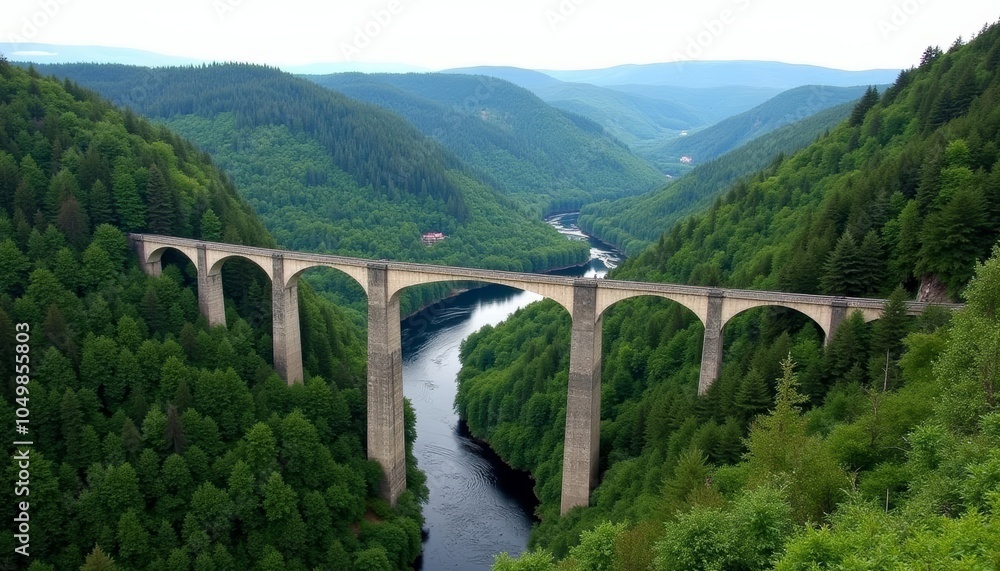Fototapeta premium Elegant bridge crossing serene river amidst lush greenery