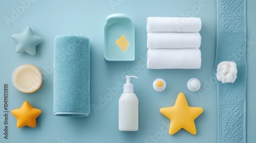 Baby bath time essentials arranged on a blue background.