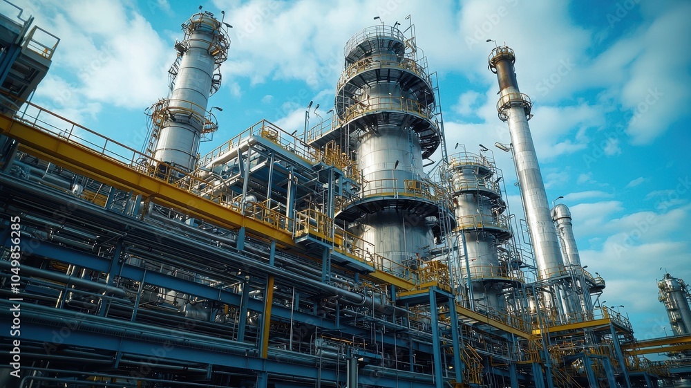 A modern industrial facility featuring large metallic structures and towers against a blue sky, indicative of oil refining or chemical processing. A modern industrial facility featuring large metallic structures and towers against a blue sky, indicative of oil refining or chemical processing.
