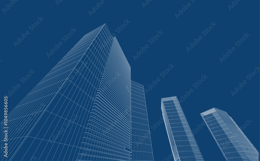 Obraz premium Perspective 3D render of building wireframe. 