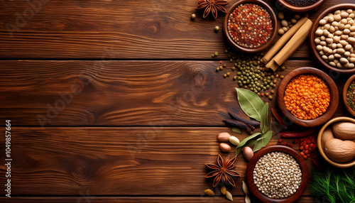 Plano cenital de una Tabla de madera con vegetales, legumbres y especias