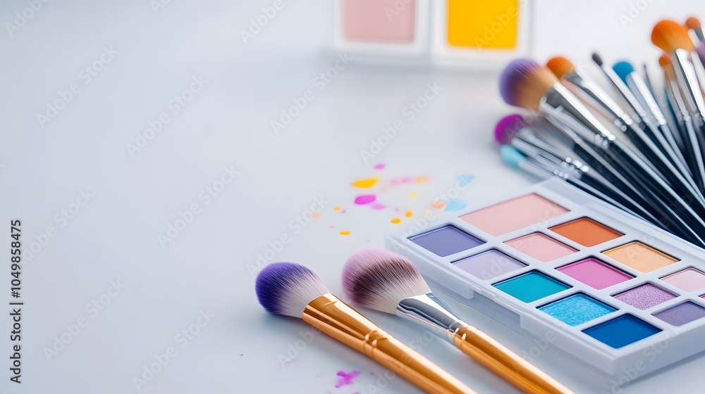 Vibrant makeup tools and colorful palette display Vibrant makeup tools and colorful palette display