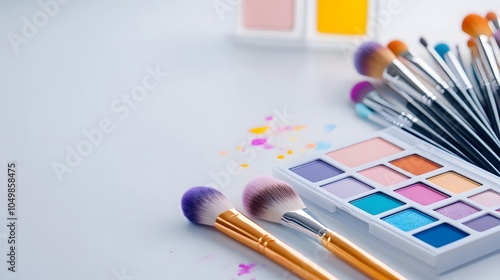 Vibrant makeup tools and colorful palette display