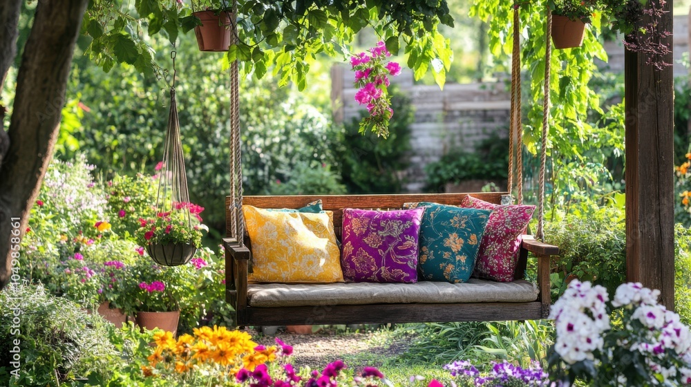 Obraz premium Charming backyard garden nook with a wooden swing, colorful cushions, and a rustic