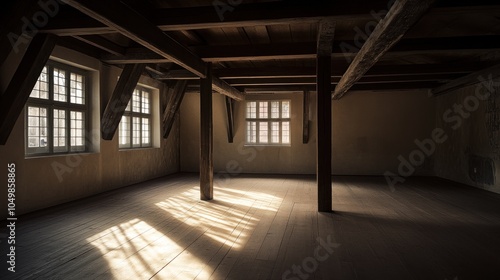 Wallpaper Mural Empty room with wooden beams and large windows, sunlight streaming through. Torontodigital.ca