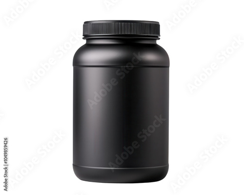 Black container with a lid, ideal for storing protein powder or supplements, isolated on a white background.