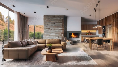 Architektur Modern Innenansicht Wohnen Zimmer Essen Küche Möbeliert