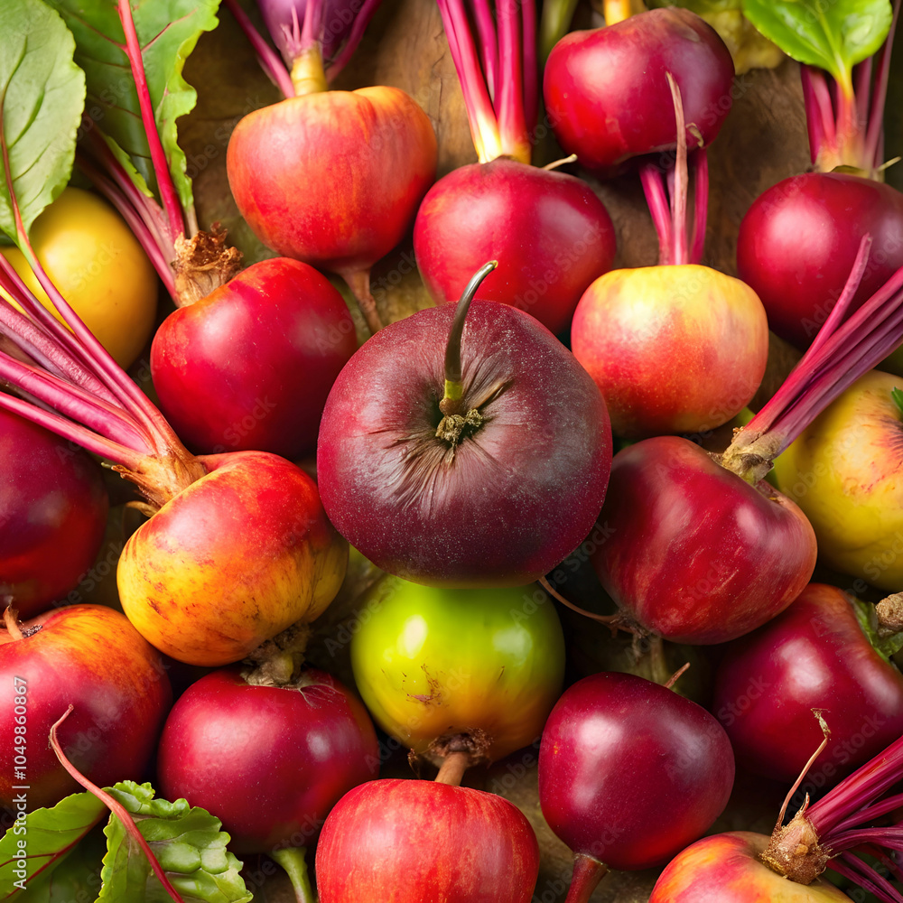 A quirky beetroot attempts to fit in with a group of apples. A quirky beetroot attempts to fit in with a group of apples.