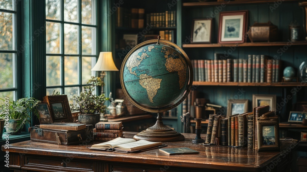 Study area with a globe, reference books, and a cozy ambiance