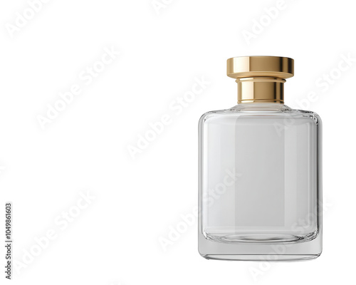 Elegant glass perfume bottle with golden cap on white isolated background.