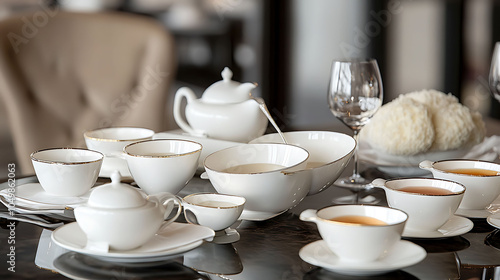 Sophisticated dining setup elegant crockery featuring finger bowls bouillon cups and sauce boats creating a luxurious experience photo