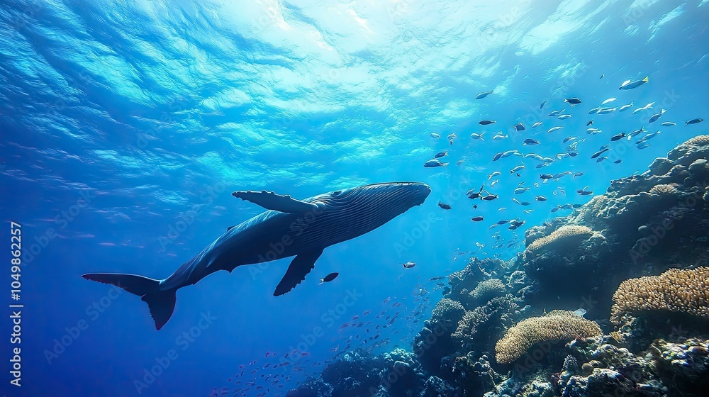 Fototapeta premium Majestic Whale Swimming Through Coral Reef