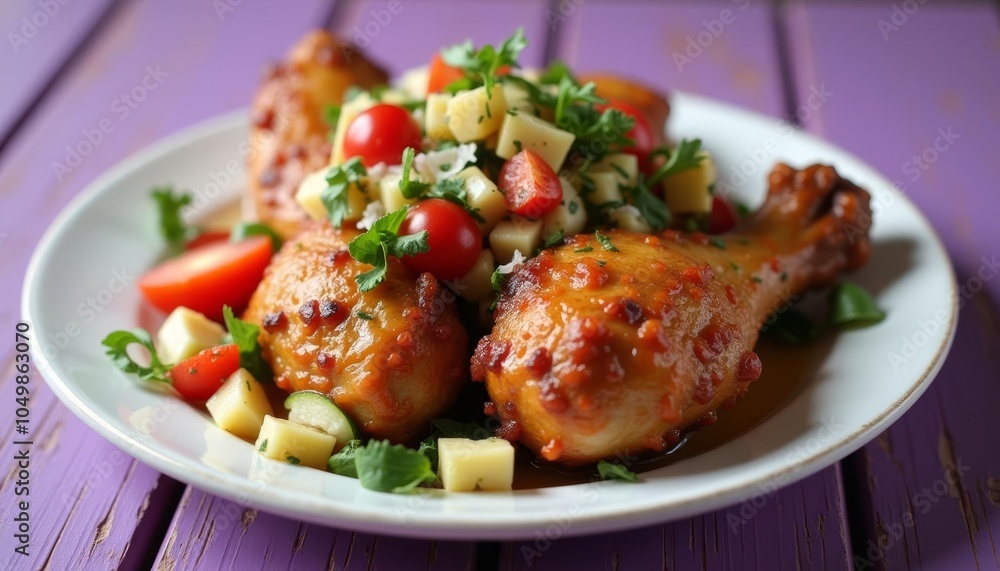  Delicious grilled chicken with a fresh salad on a purple table