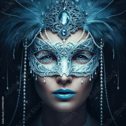 Wallpaper Mural Ethereal ice queen, ornate silver mask, crystal blue eyes, shimmering frost headdress, delicate pearl strands, intricate filigree details, pale skin, fantasy portrait, mystical ambiance, cool tones, h Torontodigital.ca