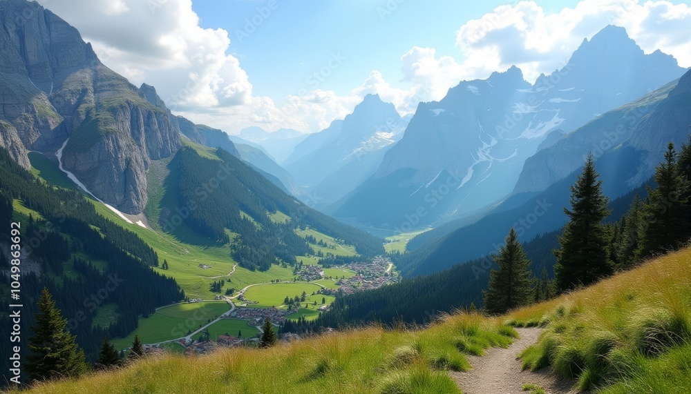 Epic mountain vista with winding road and lush valley Epic mountain vista with winding road and lush valley