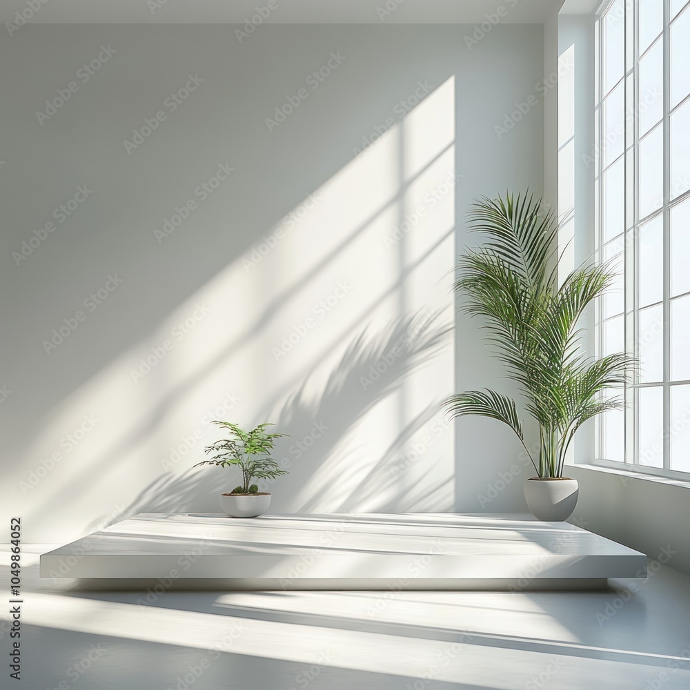White Minimalist Room with Plants and Sunlight Streaming Through Window White Minimalist Room with Plants and Sunlight Streaming Through Window