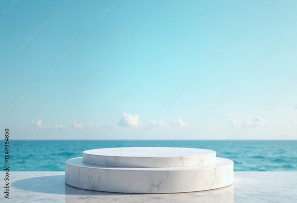 Product display podium with ocean backdrop Product display podium with ocean backdrop