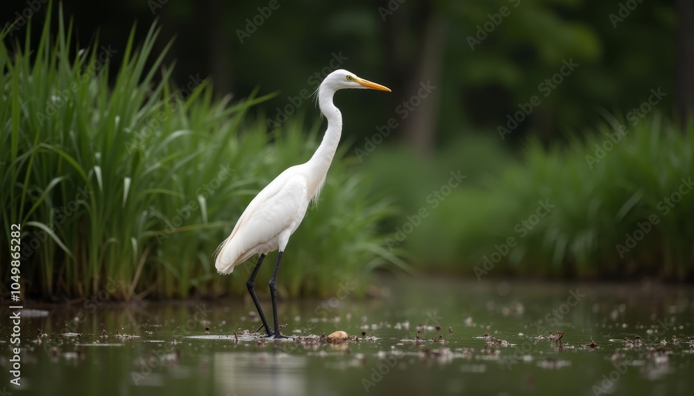 Naklejka premium Peaceful moment in nature Heron stands still in the water