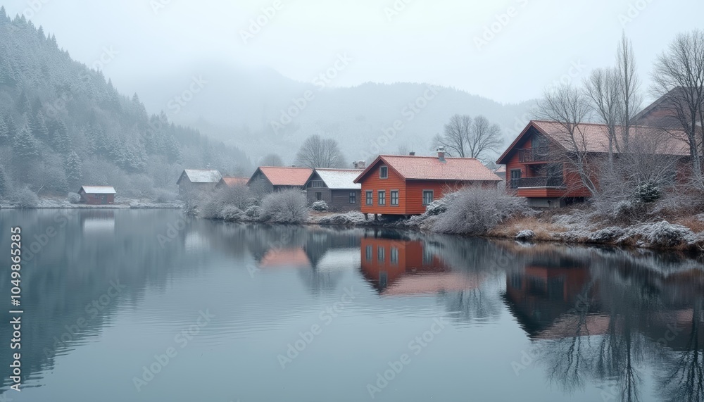 Fototapeta premium Cozy lakeside village winter serenity