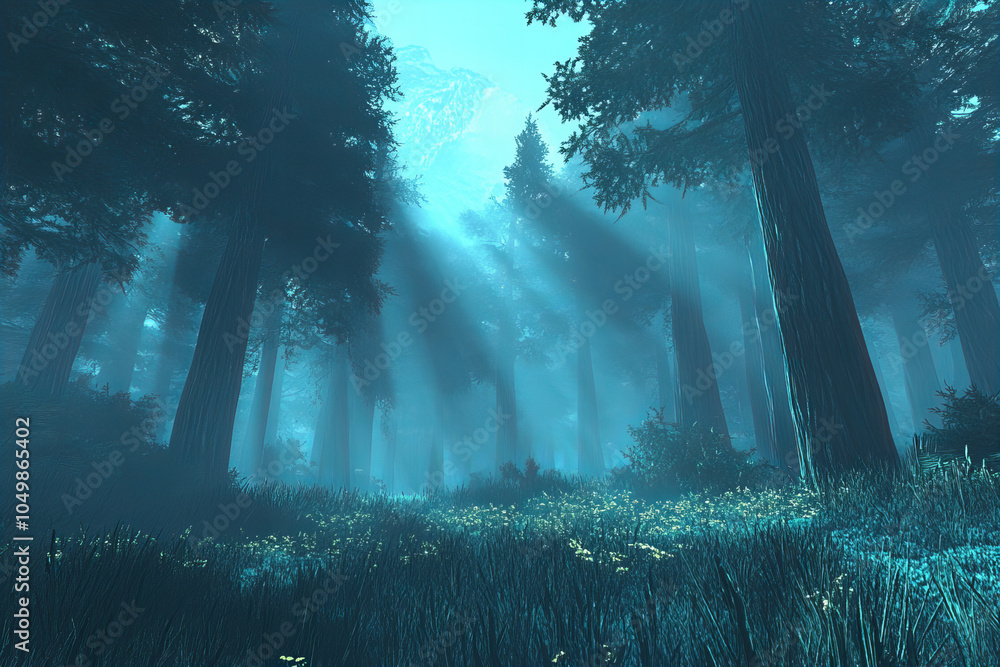 Enchanting Morning Mist in a Sunlit Forest - Captivating Image of Sunlight Streaming through Trees in a Serene Woodland Landscape Enchanting Morning Mist in a Sunlit Forest - Captivating Image of Sunlight Streaming through Trees in a Serene Woodland Landscape