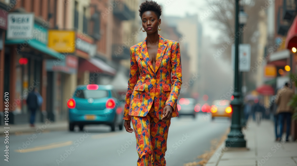 Fototapeta premium Colorful Summer Fashion: Trendy Women’s Street Style with Vibrant Background and Bold Accessories