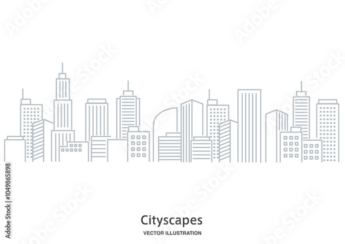 高層ビルが建ち並ぶ都市風景の線画イラスト
