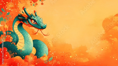 A green dragon with a red mouth is nestled in orange flowers on a yellow background.