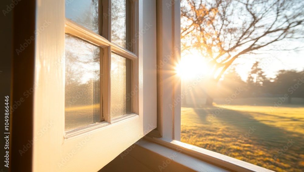 Fototapeta premium Sunlight Shining Through Open Window with Autumn View