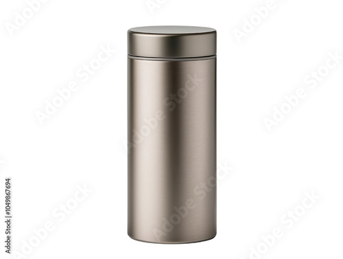 Stylish metallic thermos with a sleek design on a white isolated background. photo