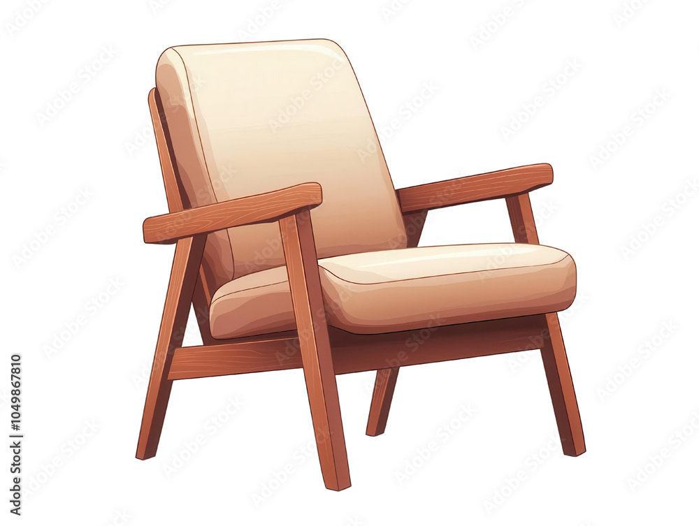 Stylish wooden chair with cream upholstery against a white background.