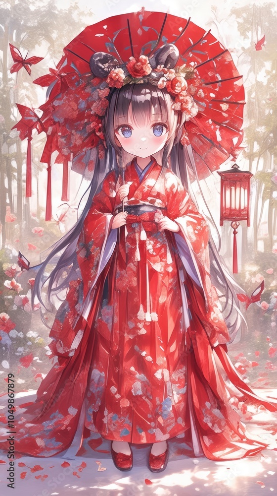 Fototapeta premium A young girl in a traditional red kimono stands in a forest, holding a lantern.