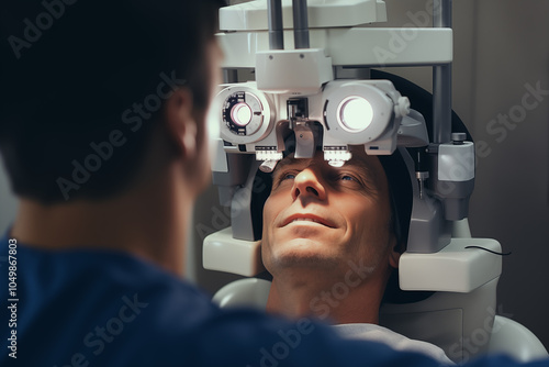 Optometrist examining patient’s vision with specialized equipment in clinic  photo