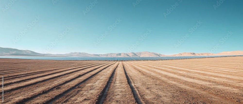 Fototapeta premium Vast Agricultural Landscape: Serene Field Lines Under Clear Blue Sky with Distant Mountains, Capturing the Essence of Rural Serenity and Farm Life.
