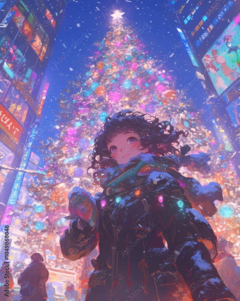A young woman stands in awe beneath a beautifully decorated Christmas tree in a bustling city setting. A young woman stands in awe beneath a beautifully decorated Christmas tree in a bustling city setting.