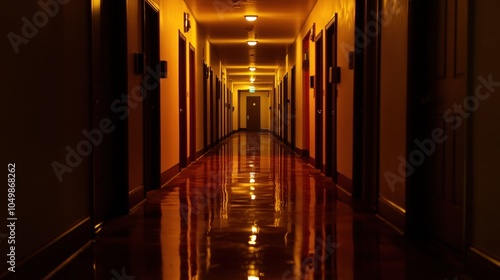 A long, dimly lit hallway with doors on either side and a shiny, reflective floor.