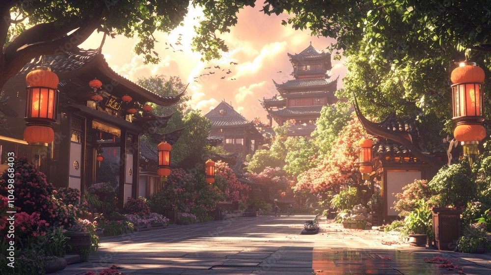 Fototapeta premium A scenic view of a Chinese street with traditional architecture, lush foliage, and red lanterns.