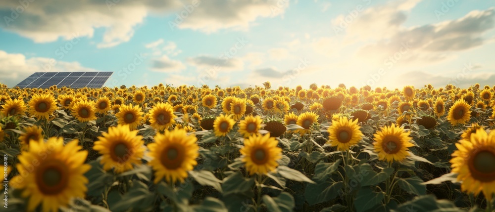 Obraz premium Vibrant sunflower field under a golden sunset, with solar panels in the background, highlighting the harmony of nature and renewable energy.