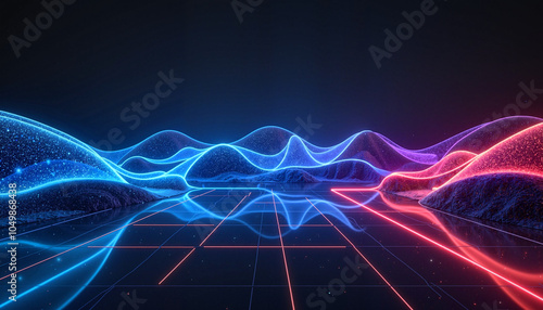 Wallpaper Mural A mesmerizing array of neon blue and red waves flows across a digital terrain, creating a stunning reflection on a glossy surface in a nighttime environment Torontodigital.ca