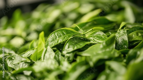 Close-up of freshly plucked tea leaves from Muzangchai, showcasing their rich green color