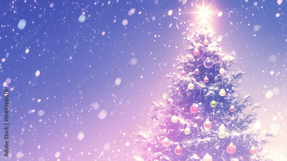 A dreamy, purple-hued Christmas tree with ornaments and falling snow against a bright blue sky. A dreamy, purple-hued Christmas tree with ornaments and falling snow against a bright blue sky.