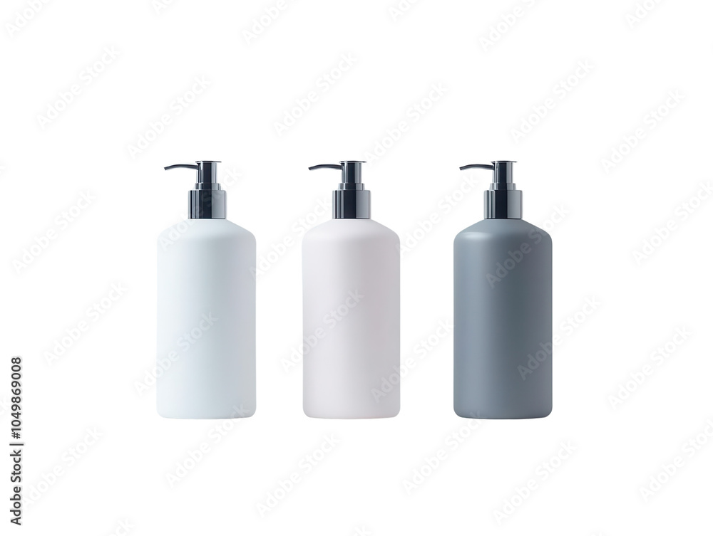 Three stylish pump bottles in varying colors, perfect for skincare or beauty products, isolated on a white background. Three stylish pump bottles in varying colors, perfect for skincare or beauty products, isolated on a white background.