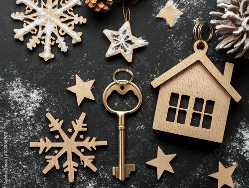 New year or Chrismas day,A photo with wooden snowflakes and wooden stars on a black background has an old key and a wooden house,leave space for the text design.