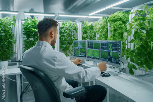 Scientist working on computer analyzing data in indoor vertical farm  photo