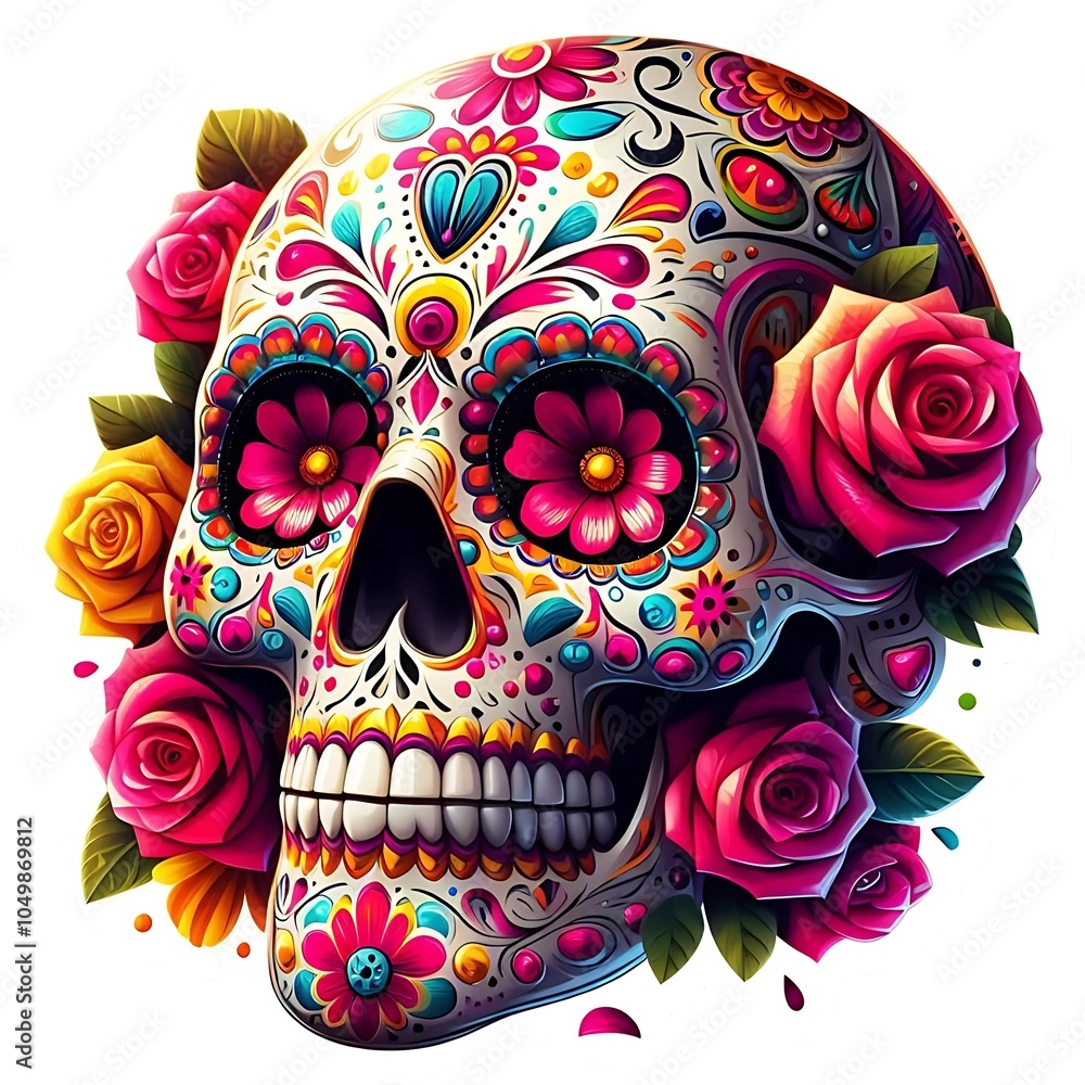 A skull with vibrant flowers and paint for Dia de los Muertos. A skull with vibrant flowers and paint for Dia de los Muertos.