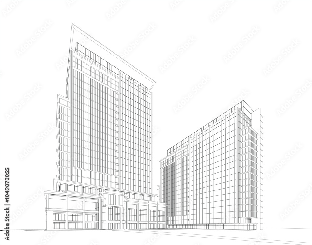 Perspective 3D render of building wireframe.
Perspective 3D render of building wireframe.