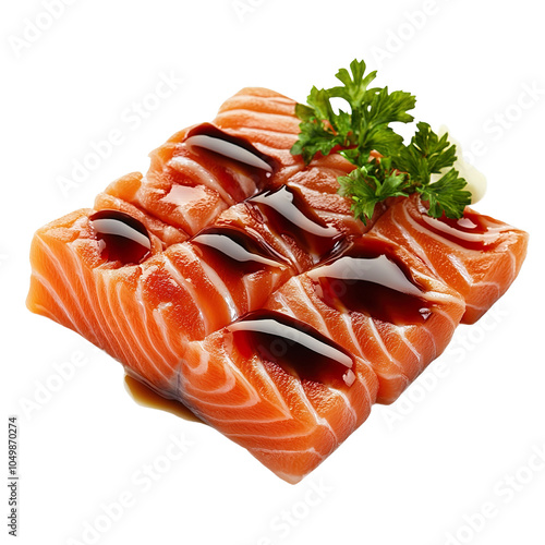 Fresh salmon sashimi accompanied by soy sauce and wasabi, arranged on a clean plate, professional food photo, angle view composition, isolated on white background 
 photo