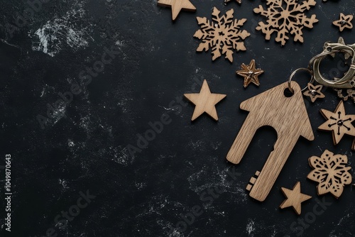 New year or Chrismas day,A photo with wooden snowflakes and wooden stars on a black background has an old key and a wooden house,leave space for the text design.